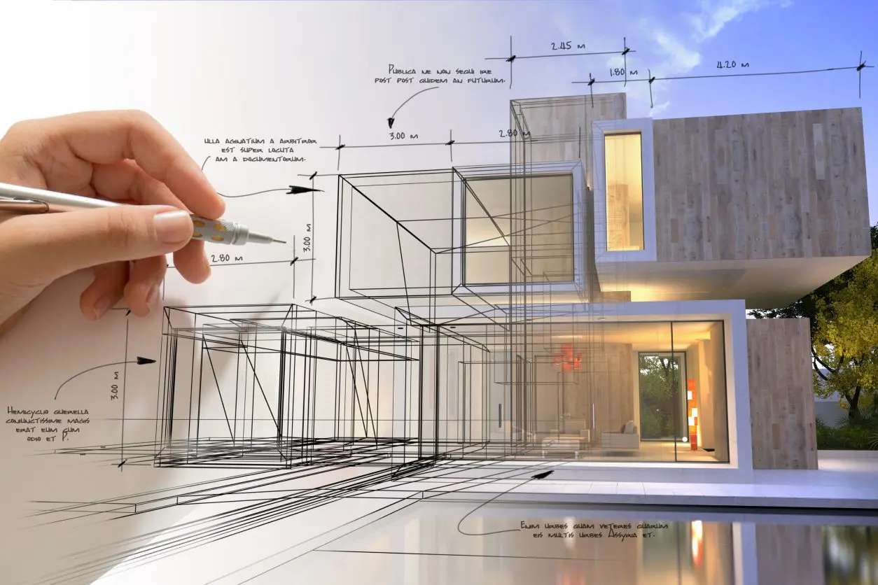 Architectural sketch transforming into modern house design.