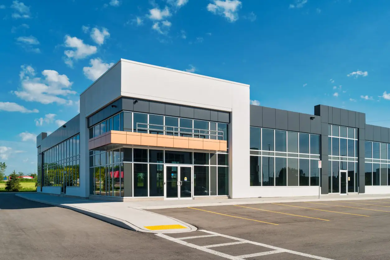 Modern commercial building with glass windows.