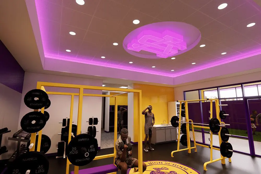 Modern gym with purple LED lighting and workout equipment.
