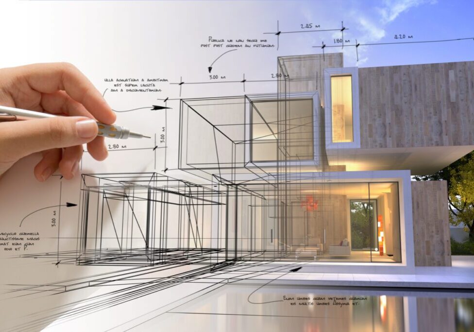 Architectural sketch transforming into modern house design.