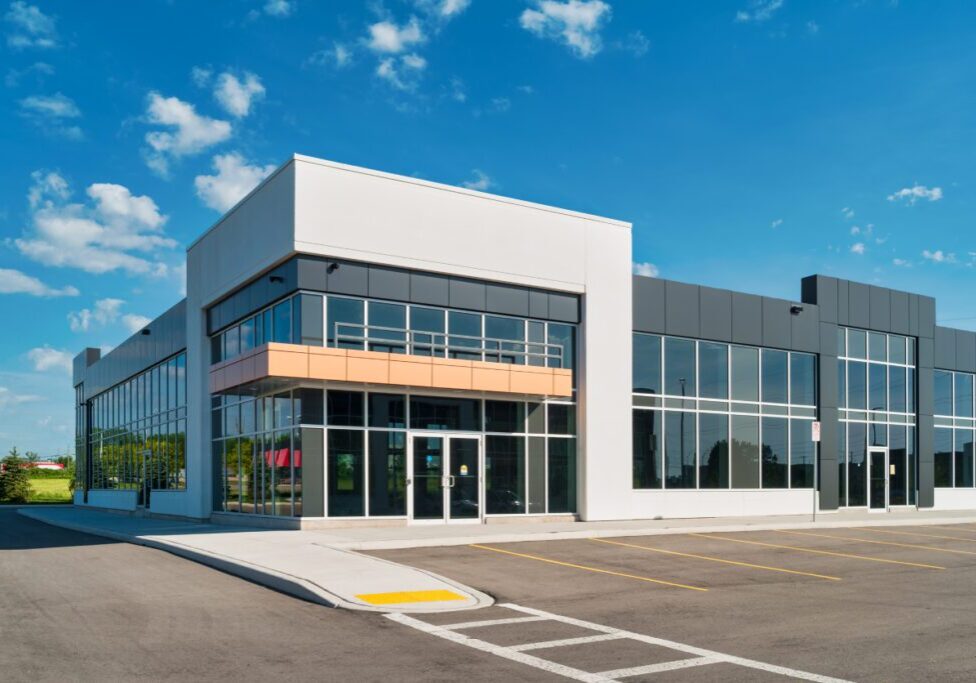 Modern commercial building with glass windows.